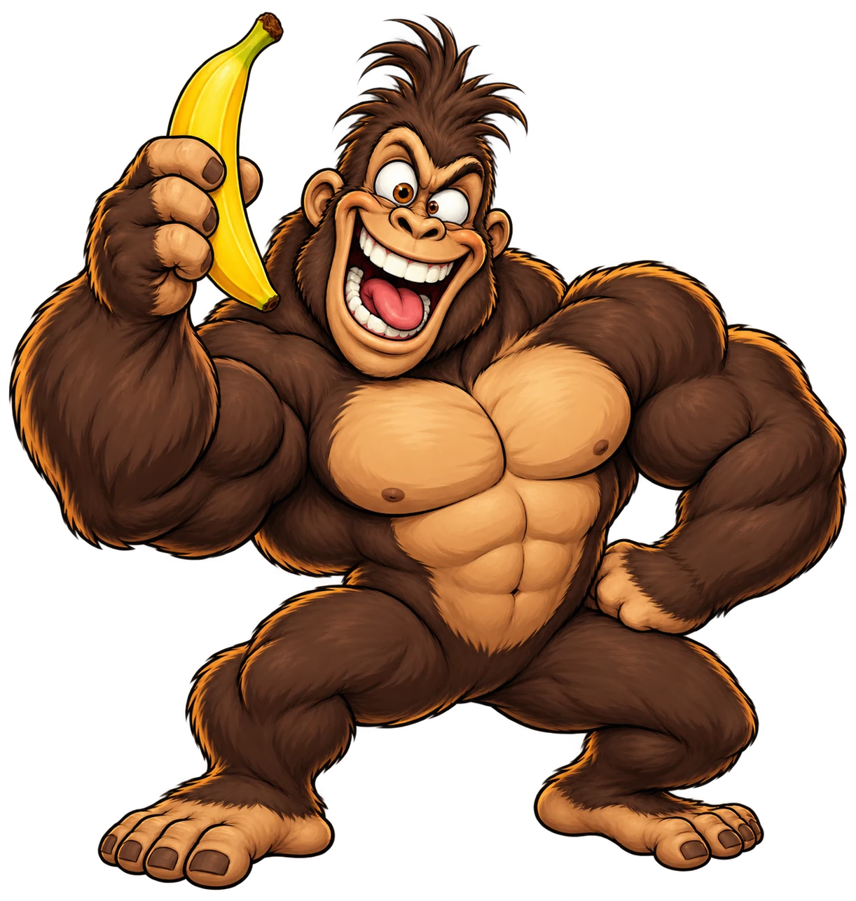 Muscular Going Bananas ape holding a banana with a wild grin